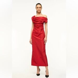NWT STAUD Andrea Off Shoulder taffeta Midi Red Dress Size 4